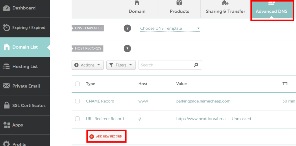 Advanced DNS내 ADD NEW RECORD를 클릭합니다.