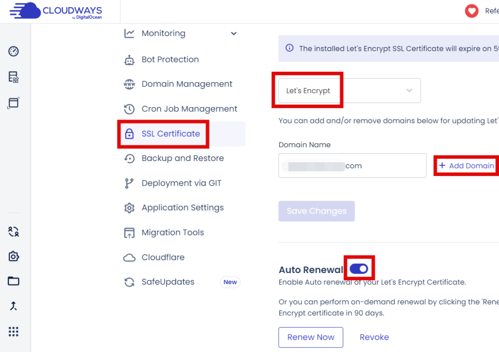 SSL Certificate에서 Let's Encrypt를 선택, Add domain을 클릭해 새로운 도메인 추가, Auto Renewal을 활성화합니다.