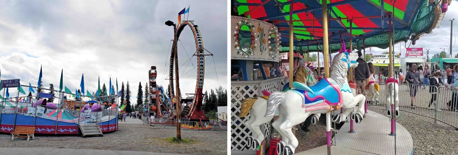 Tanana Valley State Fair의 놀이기구와 말에 귀여운 유니콘 머리띠를 씌운 회전목마
